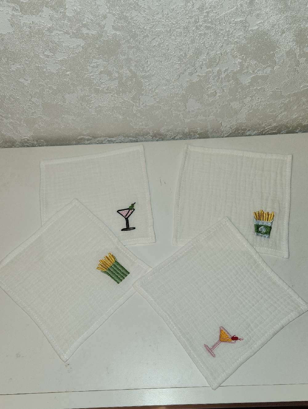 Kate Spade Embroidered Cocktail & Fries White Cloth Napkins - Set of 4